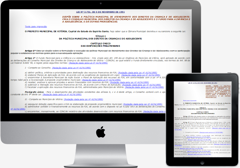 Imagem mostrando a LEI Nº 3.751 da Câmara Municipal de Vitória/ES nos dispositivos desktop e tablet